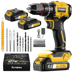 Sundpey Perceuse Visseuse Sans Fil 21V - Max 70Nm Perceuse à Percussion Brushless avec 2 Batteries 2.0Ah, 23+3 Réglages de Coupl