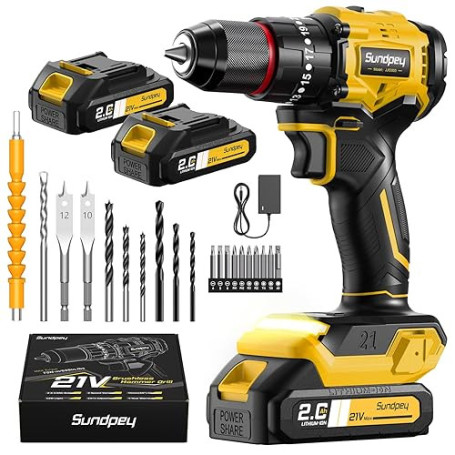 Sundpey Perceuse Visseuse Sans Fil 21V - Max 70Nm Perceuse à Percussion Brushless avec 2 Batteries 2.0Ah, 23+3 Réglages de Coupl