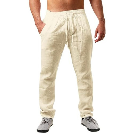 Runcati Pantalon en Lin pour Homme - Couleur Unie - Long - Léger - Coupe Ample - avec Cordon de Serrage - pour Les Vacances, la