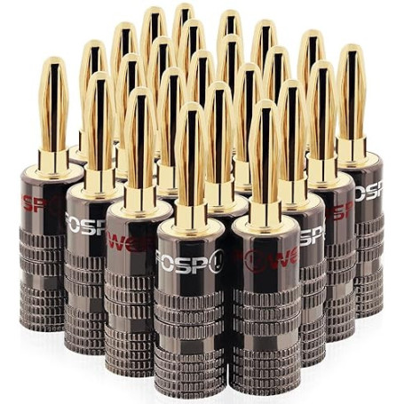 FosPower - Fiches Bananes Premium - Connecteur Plaqué Or 24K et Double Vis - Prise Jack Banane pour HiFi - Haut-Parleur, Câble E