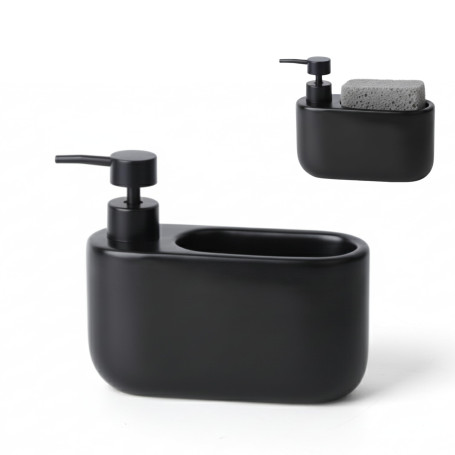Kook Time Distributeur de Savon Cuisine avec Porte-Éponge 520 ML Curve - Organiseur d'Évier en Céramique pour Liquide Vaisselle 