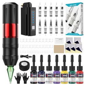 Kit de Tatouage Professionnel Solong - Machine Rotative avec 10 Aiguilles Cartouche, 7 Encres & Batterie 1500mAh. Idéal pour Déb