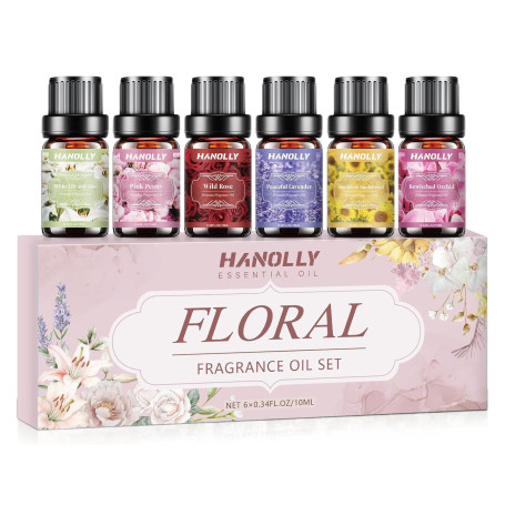 HANOLLY Huile Essentielle Fleurs 6x 10ML, Huiles Essentielles Naturelle Pour Diffuseur, Massage, DIY Bougie,Lys Blanc & Aloès, P