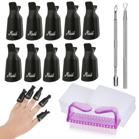 Kit pour Retrait Vernis Semi Permanent - 10 Pinces Doigts Vernis + Grattoir + Poussoir Cuticules + 100x Cotons + Brosse Ongles, 
