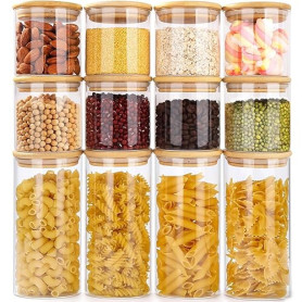 Otauoaea Lot de 12 Bocaux en Verre, 650ml/300ml - Pot en Verre avec Couvercle en Bambou - Pot de Rangement Cuisine - Bocal Hermé