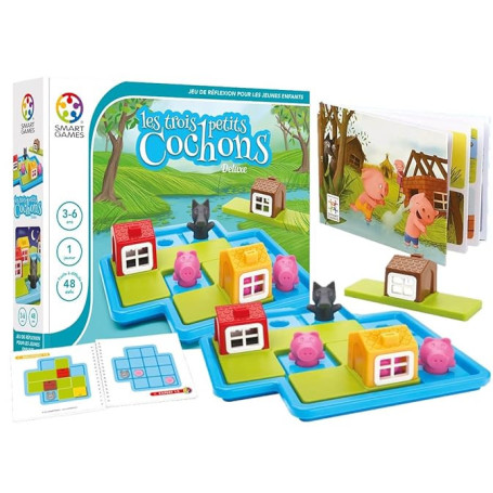 SmartGames - Les Trois Petits Cochons - Jeu de Réflexion - Protégez Les Petits Cochons du Loup - Livre de Conte Illustré et Livr
