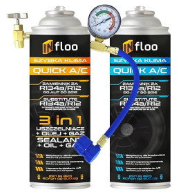 INfloo Quick A/C R134a 3-en-1 (Gaz + Huile + Scellant) + Gaz R134a + Tuyau avec Manomètre + Gants | Entretien Climatisation Voit