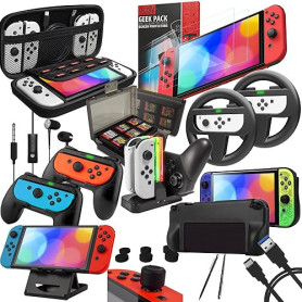 Orzly Kit d'accessoires conçu pour Les Accessoires Nintendo Switch Geeks et boîtier de Console OLED et Protecteur d'écran, poign