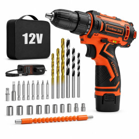 Perceuse Visseuse Sans Fil, 12V Perceuse-visseuse, Perceuse Sans Fil à 2 Vitesses, 25+1 Réglages de Couple, Couple de 25 Nm, Bat