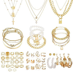 JSTHHTT 60 Pcs Parure Bijoux Femme, Bijoux Femme, Bracelet Femme, Bagues, Collier Femme Or, Ear Cuff, Boucles d'Oreilles Créoles