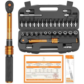 33 Pièces Clé Dynamométrique 1/4", 3-25Nm Cle Dynamométrique Velo, Précision ±3%, Kit D'entretien avec Douilles Hex, Barre D'ext