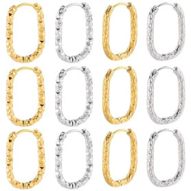 SUNNYCLUE 1 boîte de 8 paires de Boucles D'Oreilles Créoles Ovales en Acier Inoxydable 4 styles Couleur Or Argent Brillant Recta