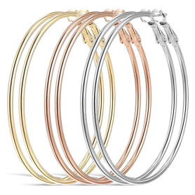 Tyqour Lot de 3 paires de grandes boucles d'oreilles créoles en acier inoxydable - Longueur: 60 mm - Argentées - Cercles hypoall