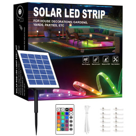 Bande lumineuse LED RVB solaire de 15 m de long avec dos autocollant avec fonction marche/arrêt automatique - Livré avec télécom