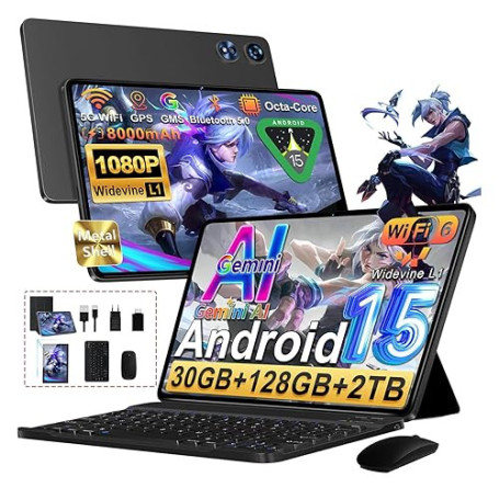 Android 15 Tablette 10 Pouces 30Go RAM+128Go ROM(TF 2To), Octa-Core, 8000mAh, 5G WiFi 6, 5+8MP, Contrôle Parental, Protecteur D'