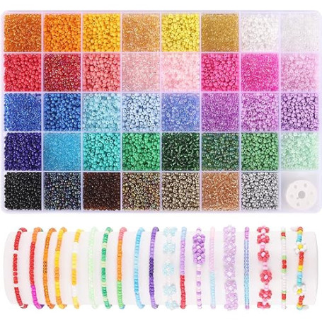 Funtopia 9600 Pièces 39 Couleurs Perles de Rocaille 3mm, 5 Types de Perles pour Enfiler des Bracelets, Perle pour Bracelet Adult