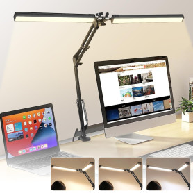 Lampe de Bureau LED à Double Tête, Lampe à Pince Pliable Respectueuse des Yeux, 3 Ttempératures de 10 Niveaux Couleur et Intensi