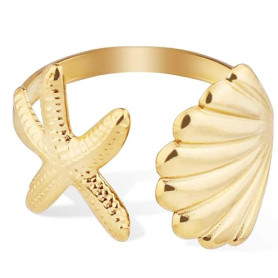Bague Coquillage Étoile de Mer, Bague Étoile de Mer Dorée Acier Inoxydable Bague Coquillage Réglable Artistique Bijoux Étoile de
