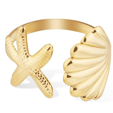 Bague Coquillage Étoile de Mer, Bague Étoile de Mer Dorée Acier Inoxydable Bague Coquillage Réglable Artistique Bijoux Étoile de