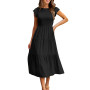 CMTOP Robe Ete Femme Robe Longue Chic et Elegant Manches à Volants Col Rond Robes au Genou Taille Élastique Décontractée Robe de