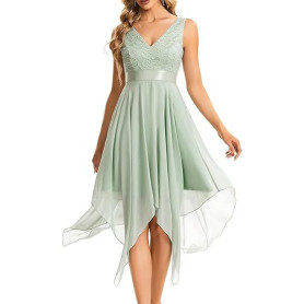 Ever-Pretty Robe de Cocktail Asymétrique au Genou Femme Double Col-V sans Manche en Dentelle Mousseline de Soie 0207