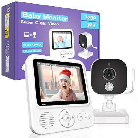 OBVHNUA Babyphone Camera 2,8 inches Moniteur Bébé 720P HD 2000mAh Babyphone Vidéo Surveillance Écran IPS USB-C 2,4 GHz Zoom Visi