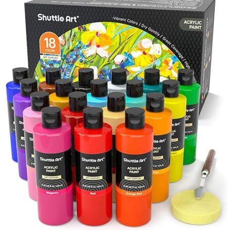 Shuttle Art Peinture Acrylique, Set de 18 Couleurs Flacons (250ml/8,45oz), Richement Pigmentée, Lot de Peinture Acrylique pour A