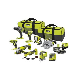 Pack RYOBI Combo 9 outils: perceuse-visseuse, visseuse à chocs, scie sauteuse, scie circulaire, meuleuse, ponceuse, outil multif