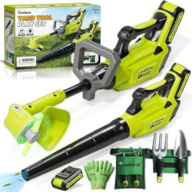 Pandapop 2 in 1 Outils Enfant, Débroussailleuse Enfant avec Lumière, Souffleur Feuille avec Son, Kit Jardinage avec Ceinture Et
