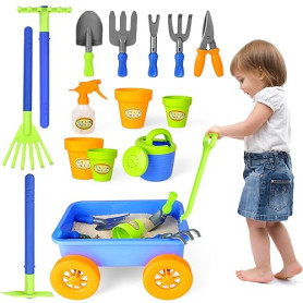 deAO Ensemble de Jardinage avec Brouette Enfants, Pelle, Râteau, Pots de Plantes, Arrosoir, 15PCS Kit de Jeu avec Outils de Jard