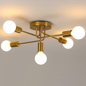 AUA Lustre Plafonnier Industriel, 5 lumières E27 Éclairage de Plafond en Metal, Or Plafonnier, Retro Lampe de Plafond pour Salon