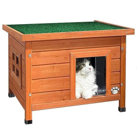 VOUNOT® Maison de Chat en Bois avec Toit Bitumé et Fenêtre Plexiglas Maison de Toilette pour Chat Meuble de Bac avec Porte Niche
