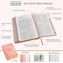 KJV Sainte Bible, impression géante avec références croisées, toucher cuir rose doux avec motif floral, index du pouce, marqueur