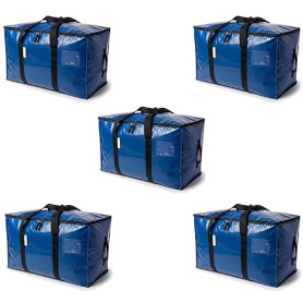 VARRANI Lot de 5 Sacs de Rangement et Déménagement XXL 94L (4+1), Bleu, avec Poignées Renforcées et Fermeture Zippée, Grande Cap