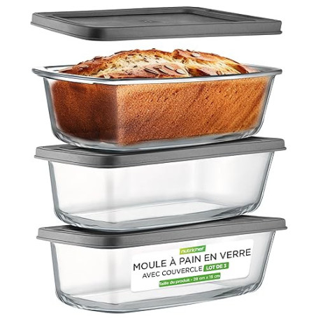 Nutrichef – Lot de 3 Moules à Cake/Moules à Pain en Verre avec Couvercles Hermétiques – 1,8 L par Moule – Récipients en Verre Sa