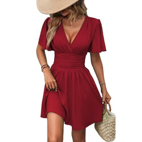 LIAMERHE Mini Robe Femme Manches Longues/Manches Courtes Col V Chic et Elegant Robes Manches Lanternes D'été et Hiver A-Line Cas