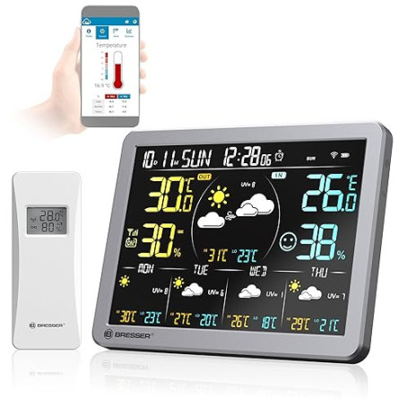 Bresser Station météo Wi-Fi avec application pour Tuya Smart Home, prévision de 5 jours, capteur thermo-hygromètre, historique,