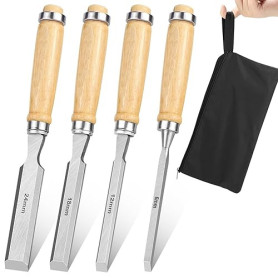 Ciseaux à bois Professionnels 4 Pièces Ensemble de Ciseaux à Bois 6, 12, 19, 24mm Ciseau a Bois avec Poignée et Sac de Rangement