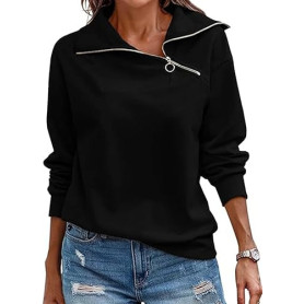 Cuptacc Pull Femme Col V Manche Longue Sweat Femme sans Capuche 1/4 Zippé Couleur Unie Haut Chic Et Elegant | Haut Chic Et Elega