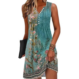 GRMLRPT Robe Été Femme de Plage Bohème Rétro Robes Col V Robes au Genou sans Manches Imprimé Floral Casual Tuniques Ample(Multic