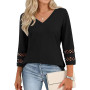 Cuptacc Tee Shirt Femme Manches 3/4 Col V Tunique Femme Décontracté Haut Chic et Elegant Chemisier Top