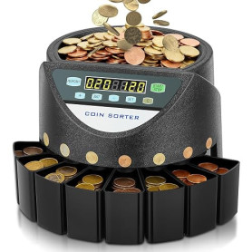 Compteuse de Pieces Euro, Trieuse Monnaie Capacité de 800 pièces, Monnayeur Pièces Euro avec 8 bacs de collecte, Machine à compt