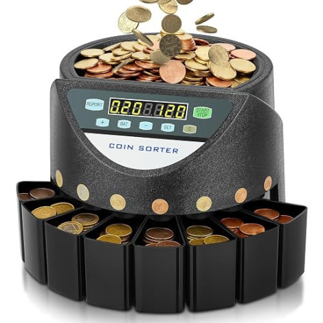 Compteuse de Pieces Euro, Trieuse Monnaie Capacité de 800 pièces, Monnayeur Pièces Euro avec 8 bacs de collecte, Machine à compt