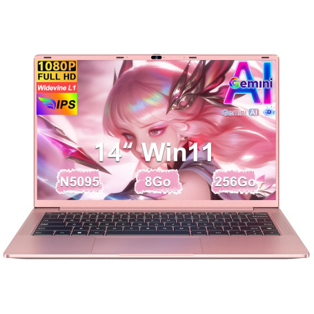 Ordinateur Portable 14 Pouces Celeron N5095 Win11 Pro 8Go RAM 256Go SSD Extension1To 5G WiFi 1920x1080 FHD PC Portable avec Sour