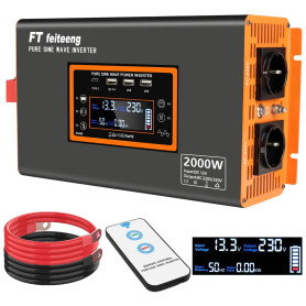 2000W/4000W Convertisseur 12V 220V Pur Sinus Onduleur,transformateur 12v 220v avec 2 Prises CA, Port USB, Télécommande, écran LC