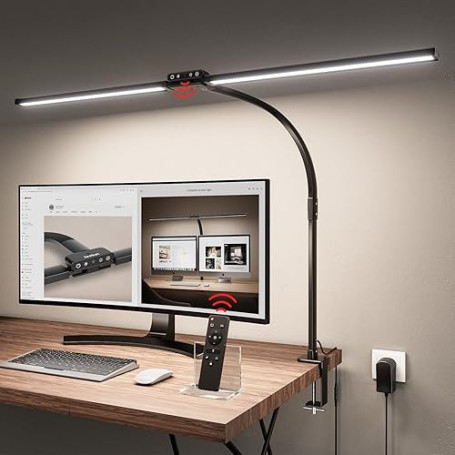 Jeebel Lampe de Bureau LED Puissante 24W 80cm Lampe de Table à Double Tête avec Télécommande, Pince 9,5cm, Réglable 360°, 10 Mod