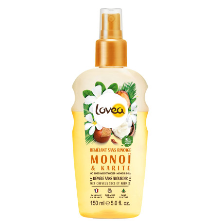 LOVEA - Démêlant Sans Rinçage - Monoï et Karité - Démêle Sans Alourdir - Cheveux Secs & Abîmés - 98% d'Origine Naturelle - Sans 