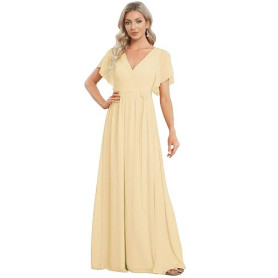 Ever-Pretty Robe pour Mariage Invité Longue Femme Col V Mousseline A Line Manches Courtes Plissé Chic EE0164A