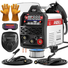 ANDELI Poste à Souder 135A 4-en-1 avec fil fourré et fonction pulsée – MIG sans gaz, TIG Lift et MMA – Kit complet incluant casq