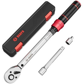 VANPO Clé Dynamométrique 3/8'', 5-60NM Cle Dynamométrique Set avec Adaptateur 3/8"-1/4", Barre d'extension 125 mm pour Vélo et M